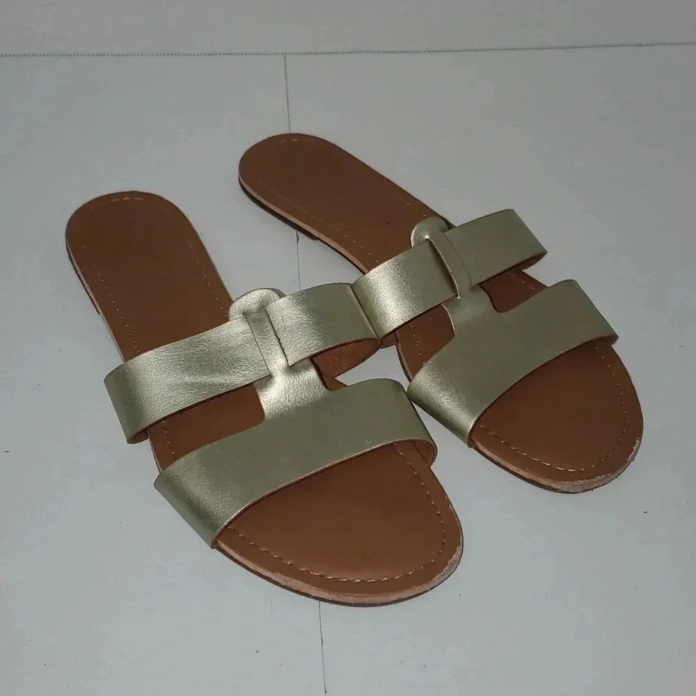 J. Crew Beachside Sandals Slides Gold Size 9 Metallic Womens Shoes Open Toe Flap